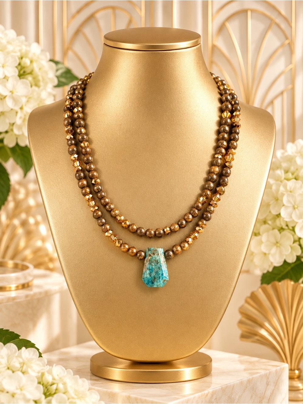 🆕😍Double Strand Brown Bronzite and Apatite Turquoise Pendant Necklace -